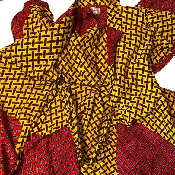 Yellow Black & Red Geometric Ankara Print 100% Cotton Layered Wrap Dress (S) - Picture 9 of 12
